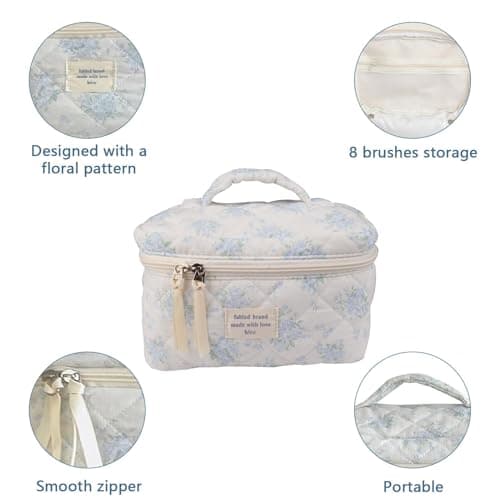 Gosect Large Travel Quilted Makeup Bag for Women,Big Floral Cotton Cosmetic Bag, Cute Coquette Aesthetic Floral Toiletry Organizer Bag (Blue Rose) - Thumbnail 4