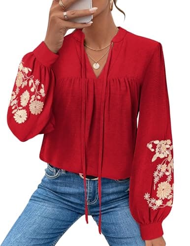 LOOKBOHO Peplum Blouses for Women Puff Long Sleeve Embroidered Boho Tops Tie Front V Neck Mexican Shirt Dressy Casual XL - Image 1
