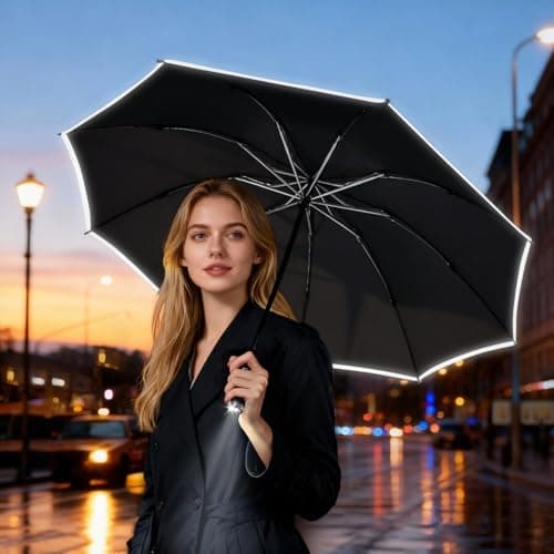 Lejorain Folding Reverse LED Umbrella - Upside Down Reflective Umbrellas Compact Inverted Travel Windproof Umbrella Auto Open Close for Rain - Thumbnail 3