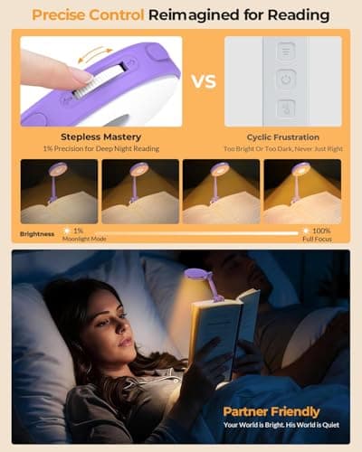 EastPin 18 LED Rechargeable Reading Light: Aesthetic Lavender Book Light for Relaxing Reading | Rotary Stepless Dimmer Memory & Timer - Reading Essentials Thoughtful Gifts for Women & Girls (Purple) - Thumbnail 2