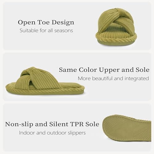 IPSAE House Slippers for Woman Memory Foam Open Toe Slippers Corduroy Cross Bow Womens Slipper Slides Comfy Indoor Bedroom Slip On Shoes - Thumbnail 5