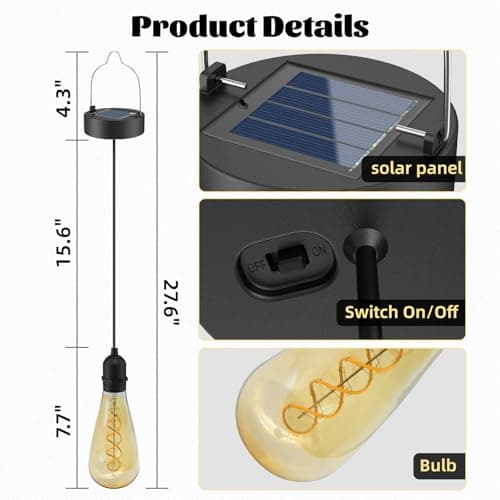 Solar Hanging Lantern Outdoor 2 Pack – Amber Glass Edison Bulb, Waterproof Hanging Solar Lights, Auto On/Off Warm White Decorative Lanterns for Patio, Garden, Yard, Porch, Tree - Thumbnail 3