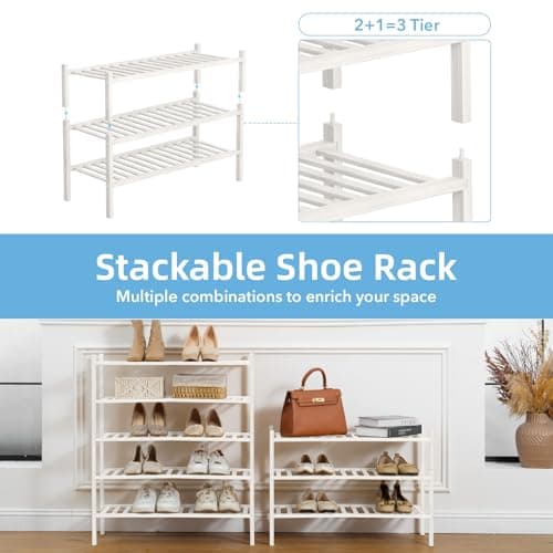 Buymoth 3 Tier Bamboo Shoe Rack Storage Organizer for Closet, Multifunctional Stackable Free Standing Shoe Shelf Organizer for Small Space,Entryway, Hallway, Bathroom27 x11 x20 (White, 3 Tier) - Thumbnail 4
