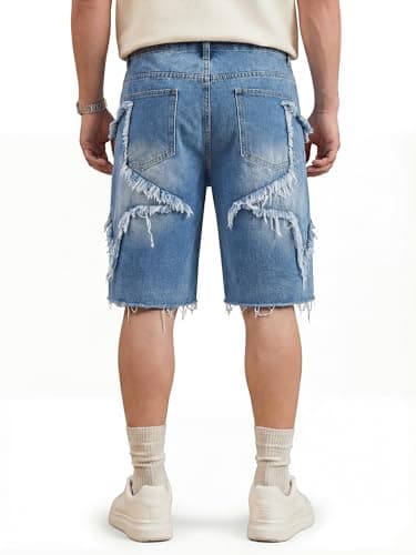 JMIERR Men's Baggy Jorts Loose Fit Wide Leg Comfy Y2K Hip Hop Streetwear Vintage Casual Star Denim Shorts with Pockets, Sail Blue, X-Large - Thumbnail 4