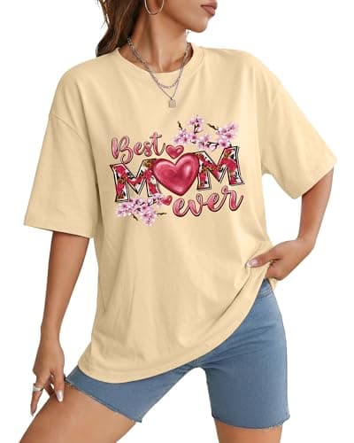 Aiyino Best Mom Ever Shirt Heart Floral Graphic Tee for Women Loose Fit Cotton Casual T Shirt S - Image 1