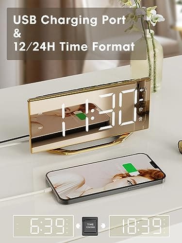 Loud Alarm Clock for Heavy Sleeper, 2 Alarms Big Display Clock with Bed Shaker for Hard of Hearing Deaf,Plug in Bedroom Mirror Clock,Phone Charger,Dimmer,Simple Digital Clock for Senior Adult Teen Kid - Thumbnail 6