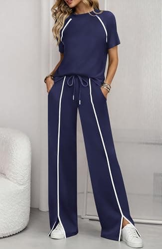 BTFBM Casual Two Piece Sets For Women Summer Outfits Solid Matching Sweatsuit Lounge Set Wide Leg Pants Workout(Navy Blue,X-Large) - Thumbnail 6