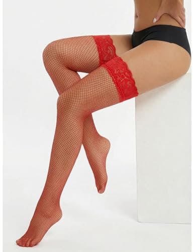 Avidlove Sheer Thigh Highs Stockings for Women Lace Top Fishnet Tights Sexy Lingerie Pantyhose Red 2 Pairs - Thumbnail 5