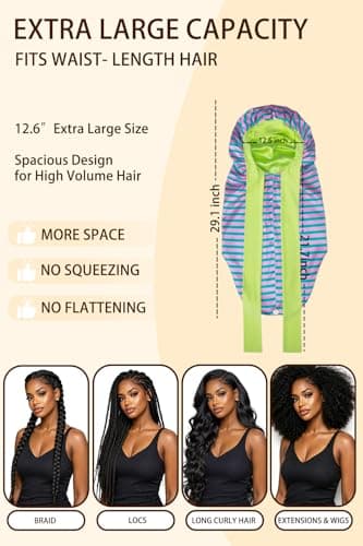 Vettres Extra Large Satin Bonnet for Braids & Locs, No Slip Tie Band Stays On All Night, Silky Sleep Cap Won’t Flatten Hair Red Green Stripes - Thumbnail 4
