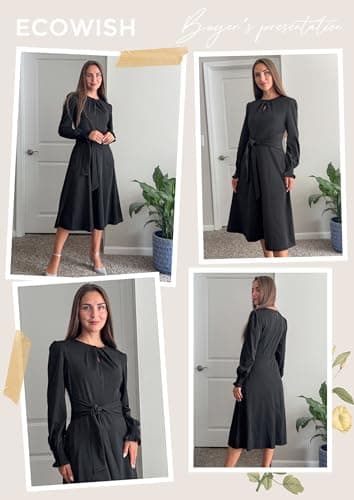 ECOWISH Womens Dresses 2025 Fall Long Sleeve Tie Waist Casual Wedding Guest Party Cocktail Flowy A Line Midi Dress with Pockets Black Large - Thumbnail 6