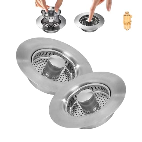3-in-1 Kitchen Sink Drain Strainer -2 Pack Pop Up Sink Stopper with Anti-Clogging Basket, Kitchen Gadgets Clearance Sink Accessories, Fits Standard 3-1/2” Openings for Double Bowl Kitchen Sinks