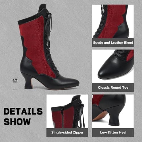 Erocalli Womens Red Witch Boots Halloween Vintage Mid-calf kitten heel Suede Boot - Fall, Lace-up, Side Zipper, Pointed Toe, Renaissance, Victorian shoes - Thumbnail 6