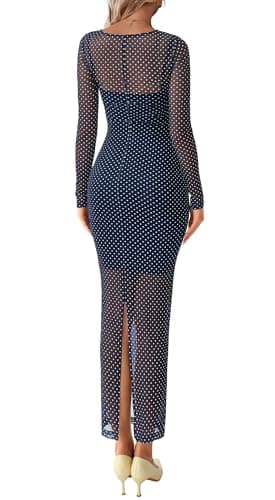 BTFBM Fall Dresses for Women 2026 2 Piece Set Long Sleeve Polka Dot Sexy Bodycon Mesh Dress and Slip Dress Party Wedding(Small Dot Navy White, X-Small) - Thumbnail 2