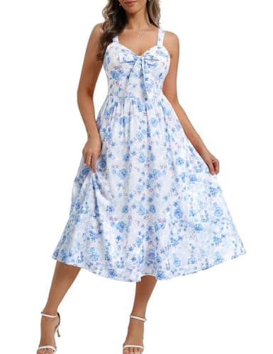 Belle Poque Summer Dresses for Women 2026 Tie Front Dress Beach Wedding Guest Dress Floral Sundress with Pockets (Blue,L) - Image 1