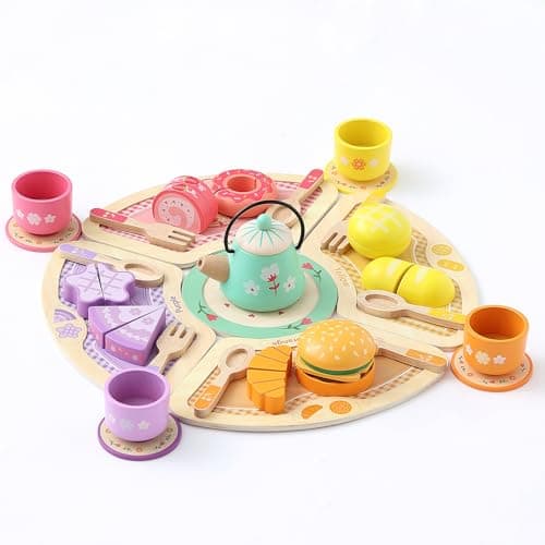 JAUNTY Tea Party Set Toy for Girl 3 4 5 Years Old, Wooden Pretend Play Kitchen Toy Food for 3 Year Old Little Girls , Great Educational 1st Birthday for 3-5 Toddler Girls Boys - Image 1