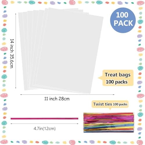SOMIOCO 100 Pack Clear Cellophane Treat Bags 11x14 Inches OPP Plastic Gift Goodie Bags for Small business Candy Cookies Bakery Soap Party Favors Gift Wrapping Packaging with Twist Ties - Thumbnail 2