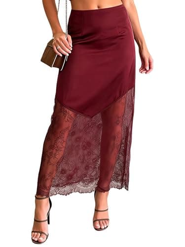 Women's 2026 Lace Patchwork Bodycon Skirt - High Waist Elegant Solid Maxi Long Skirt (US, Alpha, Medium, Regular, Regular, Red)