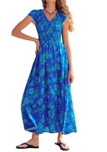 Womens Summer Dresses, Casual Cap Sleeve V Neck Flowy Maxi Hawaiian Beach Outfits, Long Floral Dress for Women Wedding Guest - Image 1