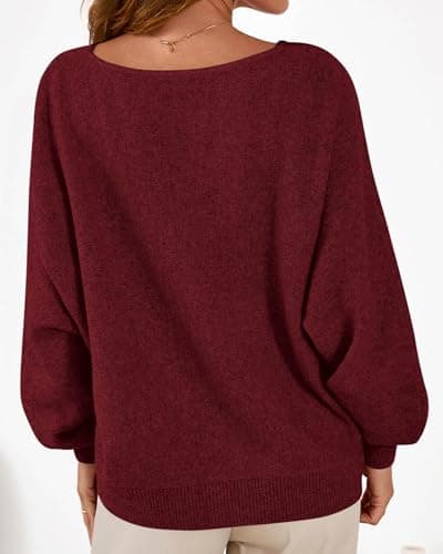KIRUNDO Sweaters for Women Fall Winter 2026 Oversized Boat Neck Batwing Sleeve Knit Pullover Sweater Tops Fashion Clothing(Burgundy, Large) - Thumbnail 2