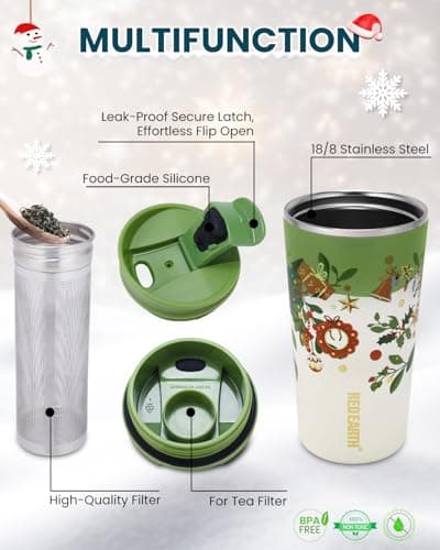 GiNT 17oz Christmas Tea Cup with Infuser and Lid - 4D Gold Foil Pattern (Bells & Holly), 316 Stainless Steel Double Wall Vacuum Insulated Travel Tea Mug, Leak-Free, for Commuting/Camping Gifts - Thumbnail 4