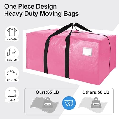 VELVETSURE 12 Pack Heavy Duty Large Moving Bags W/Backpack Straps - Strong Handles & Zippers, Storage Totes For Space Saving, Fold Flat, Alternative to Moving Box and Storage Bin, Pink - Thumbnail 5
