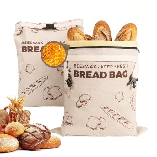 YARRAMATE Reusable Beeswax Bread Bags for Homemade Bread & Sourdough, 2 Pack XL 17x13in Linen Organic Bread Storage Bags with Zipper for Loaf, Baguette, Bagels and Sandwich Bread, Freezer Safe, Brown - Image 1