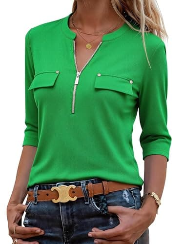 Bulotus Green Tops for Women 3/4 Sleeve Collared Loose Oversized Zipper Blouses Y2k Flowy Chic Cute Boho Hawaiian Vintage Country Concert Modest Tropical Travel Vacation Cruise Outing Spring Tunics - Image 1