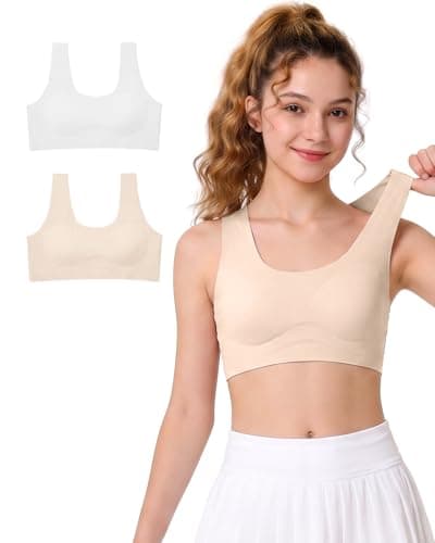 DRMYDRM Seamless Training Bras for Girls 10-16, Wireless No-Show Bra with Removable Ultra-Thin Breathable Pads, Multipack S-XL White/Nude - Image 1