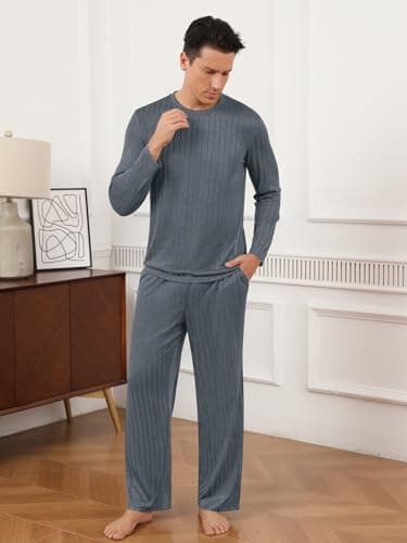 RQP Mens Pajama Set Soft Pijamas Sets for Men Long Sleeve Full Length Pants Pjs Sleepwear,Slate Grey - Thumbnail 5