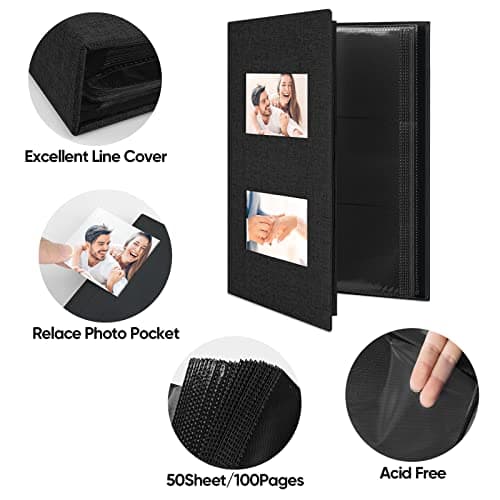 MSTONAL Photo Album 4x6 300 Pockets for Wedding Gifts, Linen Hardcover Memory Book with Front Window for Family Anniversary School Baby Travel Pictures Holds 300 Horizontal Photos, Black - Thumbnail 3