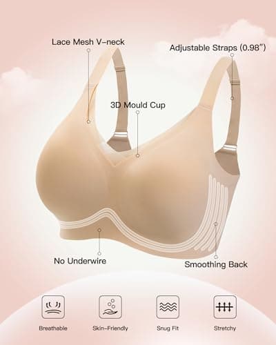 COMFBAY Women's Jelly Wireless Bras, V-Mesh Gel Seamless Comfortable Push-Up Bra, No Underwire Supportive T-Shirt Bralette, Back Smoothing Everyday Padded Bra, Full Coverage Bra, Nude, L - Thumbnail 4