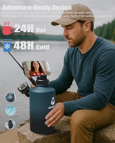 avodvo 64 oz Water Bottle with 2 Lids (2-in-1 Straw & Spout Lid, Magnetic Lid), Insulated Water Bottle with Strap, Stainless Steel Water Bottle for Hiking, Gym, Travel, BPA-Free, Light Blue - Thumbnail 5