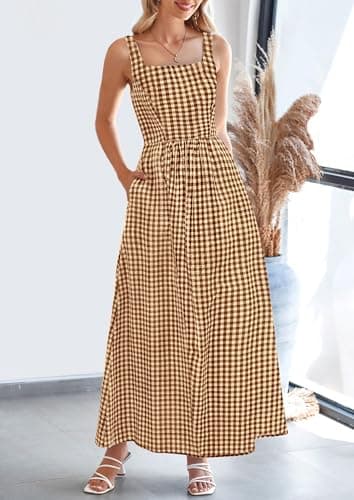 PRETTYGARDEN Women's 2026 Summer Spaghetti Strap Maxi Dresses Plaid Square Neck A Line Casual Beach Vacation Long Sundress (Coffee,Medium) - Thumbnail 4