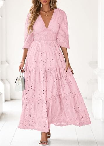 Lazysmile Long Sleeve Dresses for Women V Neck Hollow Out Eyelet Ruffle Swing A-Line Fall Vacation Boho Maxi Dress Pink - Thumbnail 4