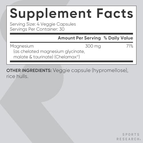 Sports Research® Chelated Triple Magnesium Complex with Glycinate, Taurinate & Malate (Chelamax®) for Enhanced Bioavailability* - 300 mg per Serving, Non-GMO, Certified Vegan, 120 Veggie Capsules - Thumbnail 5