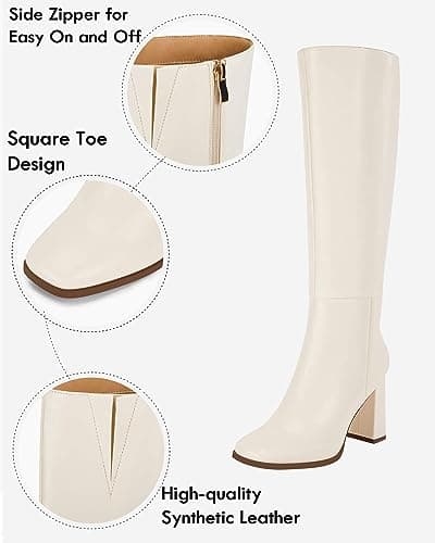Coutgo Womens Wide Calf Knee High Boots Chunky High Heel Square Toe Fashion Leather Shoes with Side Zipper,White,Size 10 - Thumbnail 5