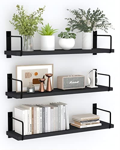 EALLRINEC Floating Shelves, 24 Inches Easy to Install Wall Mounted Shelves, Set of 3, Rustic Wood Shelves for Wall Decor, Storage Shelves for Living Room (Black)