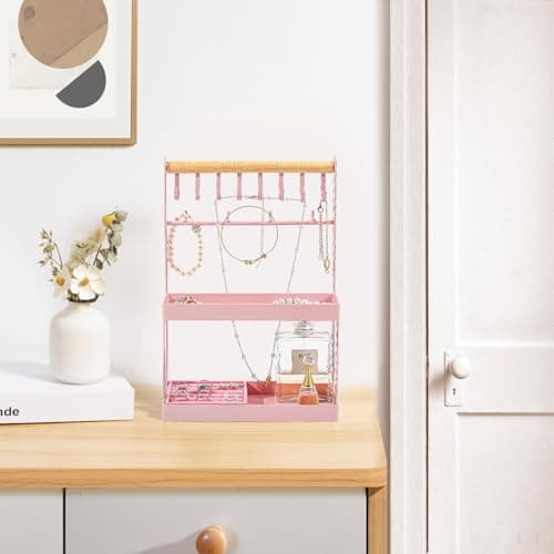 Lolalet 4-Tier Jewelry Organizer Stand with 12 Hooks, Necklace Bracelet Ring & Sunglasses Holder, Cute Metal Jewelry Storage Rack for Vanity, Dresser or Entryway, No Assembly -Pink - Thumbnail 6