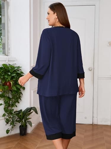 AusLook Women’s Plus Size Pajama Sets Navy Blue 3X Soft 3/4 Sleeve Nightwear Top and Capri Pants Lounge Set with Pockets - Thumbnail 6