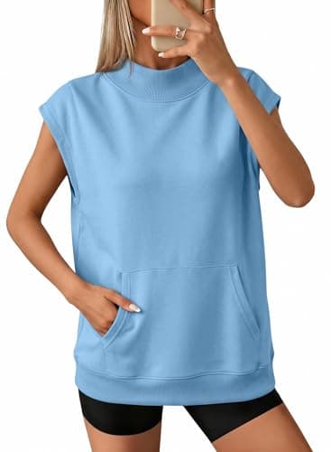 SHEWIN Womens Summer Tops Casual Mock Neck Sweatshirt Lightweight Cap Sleeve Tops Loose Fit Business Casual Outfits Pullover Fall Trendy Clothes Basic Solid Tee Shirts With Pockets M Sky Blue
