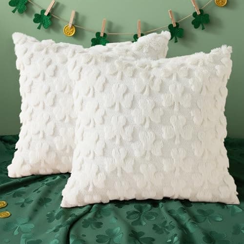 decorUhome Faux Fur Throw Shamrock Cream White Pillow Covers 20X20 Set of 2 - Thumbnail 6