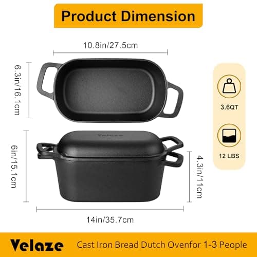 Velaze 3.6QT Dutch Oven for Bread Baking,Oval Cast Iron Bread Oven Pan with Lid and Offset Handles,Oven Safe to 500°F for Homemade Sourdough Bread(Black) - Thumbnail 2