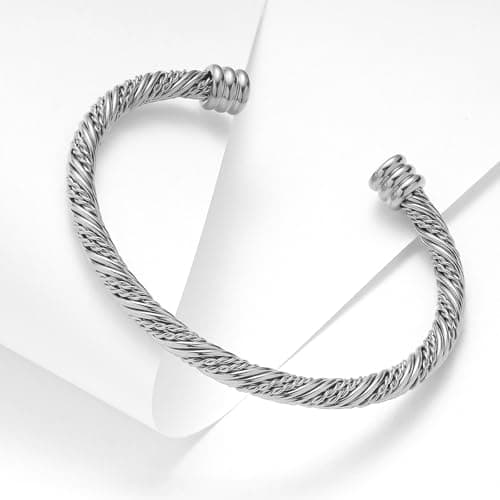 BOLAGTIER Stainless Steel Twisted Cable Wire Bracelets Adjustable Open Cuff Bangle Bracelet Vintage Jewelry Gift for Women (C-Silver 62) - Thumbnail 4