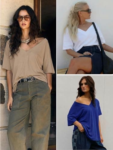REORIA Women's Trendy Oversized V-Neck T Shirt Short Sleeve Off The Shoulder Contrast Stitching Loose Fit Tops for 2026 Spring Summer Burgundy Large - Thumbnail 5