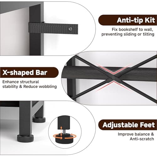 TEROL 7-Tier Corner Bookshelf, Reversible Wooden Shelves, Industrial Bookcase with Open Shelves and Sturdy Metal Frame, Display Shelf Storage Rack for Living Room, Bedroom, Home Office (Black) - Thumbnail 4