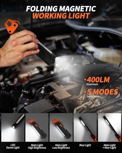 Anylight Led Work Light,400LM Foldable Mechanic Light, Rechargeable Flashlight with 5 Modes, 230° Rotate and Hook Magnetic Light for Car Repair, Camping, Grill（1 Pack Upgrade） - Thumbnail 2