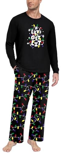 PrinStory Men's Christmas Pajamas Sets Loungewear Sleepwear Pjs Lightweight Long Sleeve Shirts & Bottoms Soft Comfy Sleep Sets Printed Black Lamp L - Image 1