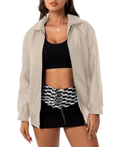 hathne Women's Oversized Leather Jackets Faux Zip Up Fall Fashion Motorcycle Jackets Coats Winter Clothes(Beige,S) - Image 1