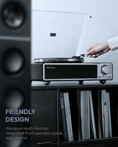QLEARSOUL ONE-Q Vinyl Record Player (Black), All-in-one HiFi Turntables with Built in Speakers, Bluetooth 5.4, Phono Preamp, Magnetic Cartridge AT-3600L, 33/45 RPM Two Speed, Aux-in, Auto Off - Thumbnail 5