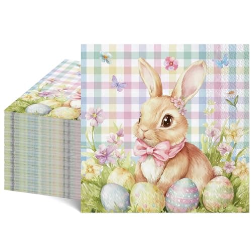 NatNarr 50 Pcs Easter Paper Napkins, 6.5 x 6.5 Inch Cute Bunny Napkins Disposable Pastel Plaid Eggs Easter Cocktail Napkin for Decoupage, Spring Party, Baby Shower